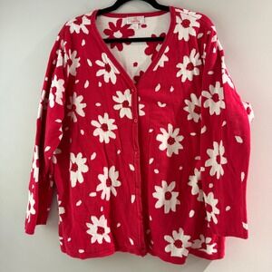 Quacker Factory Cardigan Womens‎ 1X Red Daisy Floral Sequin Good V-Neck Cotton